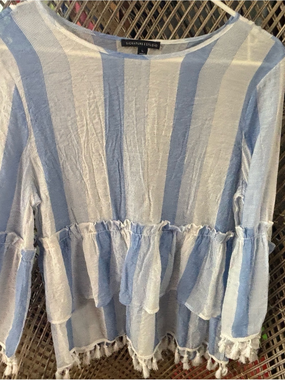 Signature Studio Light Blue & White Striped Ruffle Tunic